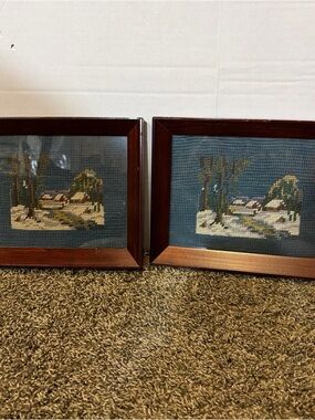 Framed Needlepoint Winter Cottage Pair in Blue
